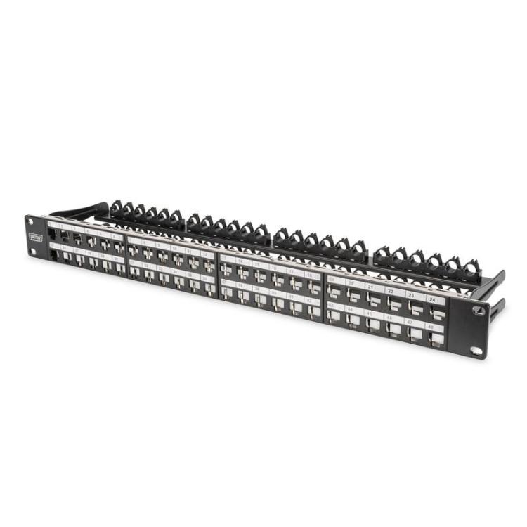 Modułowy panel krosowy (patch panel) o dużej gęstości połączeń, 19" 48x keystone, ekranowany, 1U, Czarny