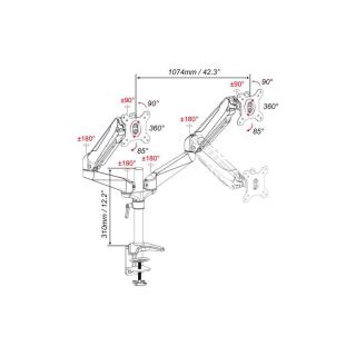 Ramię biurkowe podwójne z zaciskiem, regulowany, 2xLCD, max. 27", max. 8kg, uchylno-obrotowe 360°