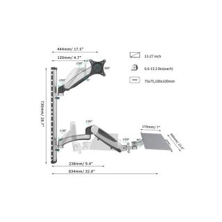 Ramię naścienne pojedyncze, 1xLCD + klawiatura, max. 27", max. 8kg, uchylno-obrotowe 360° (PIVOT)