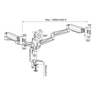 Ramię biurkowe potrójne z zaciskiem, regulowane, 3xLCD, max. 27", max. 6kg, uchylno-obrotowe 360°