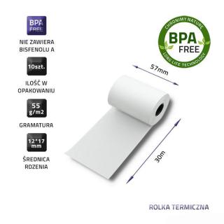 Rolka termiczna Qoltec 57x30 | 55g/m2 | 10szt. | BPA free