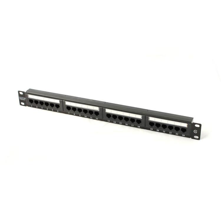 Patch panel 19" 24 porty, kat.5e, U/UTP, 1U, czarny (kompletny)