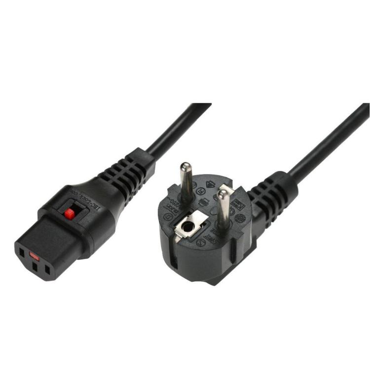 Kabel połączeniowy zasilający blokada IEC LOCK 3x1mm2 Schuko kątowy/C13 prosty M/Ż 1m Czarny