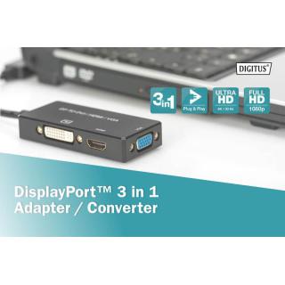 Kabel adapter Displayport 4K 30Hz/1080p 60Hz Typ DP/HDMI(UHD)+DVI-I+VGA (FHD) M/Ż 0,20m Czarny