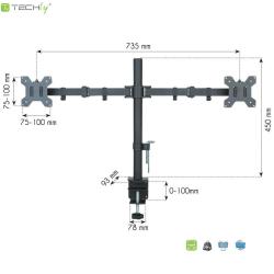 Uchwyt biurkowy Techly 13"-27", 2x10kg na 2 monitory,...