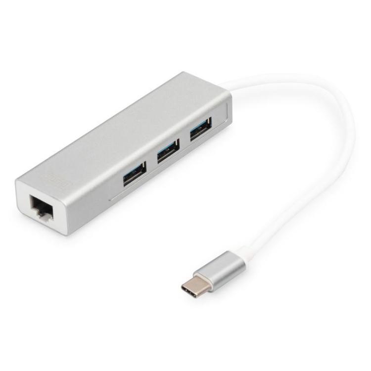 HUB/Koncentrator 3-portowy USB Typ C, 3x USB A HighSpeed z Gigabit LAN adapter, aluminium