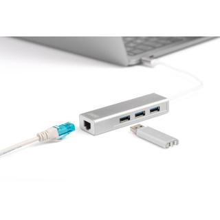 HUB/Koncentrator 3-portowy USB Typ C, 3x USB A HighSpeed z Gigabit LAN adapter, aluminium