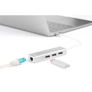 HUB/Koncentrator 3-portowy USB Typ C, 3x USB A HighSpeed z Gigabit LAN adapter, aluminium