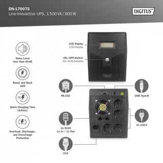 Zasilacz awaryjny UPS Line-Ineractive LCD, 1500VA/900W, 2x12V/9Ah, AVR, 4xSCHUKO, USB, RS232, RJ45