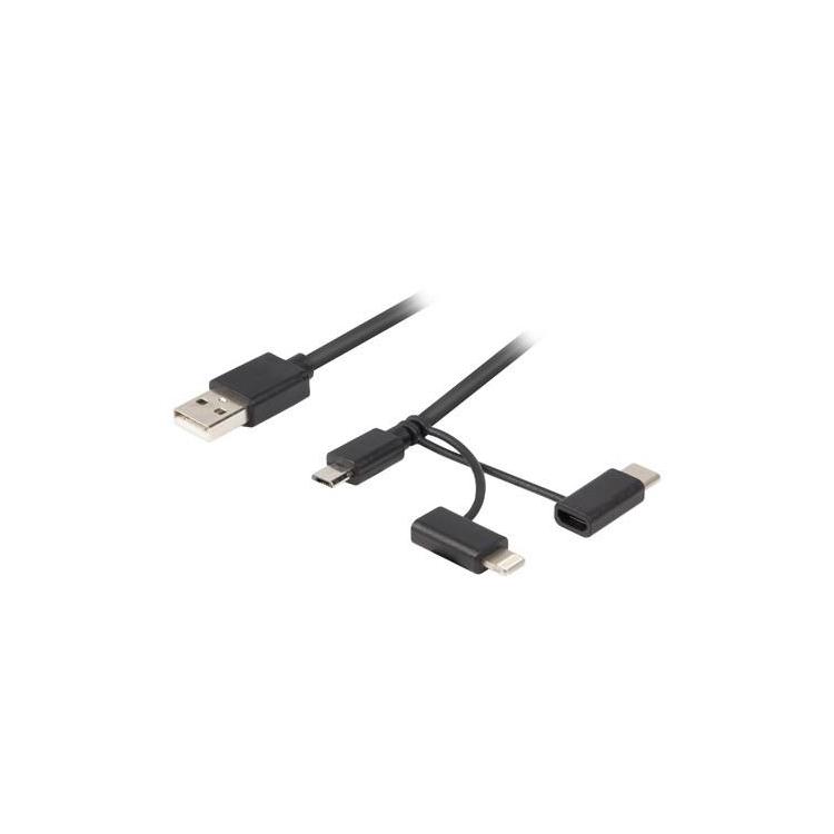 Kabel 3in1 USB AM - micro USB BM + Lightning M + USB CM 2.0 czarny PVC (tylko ładowanie) 1,8m