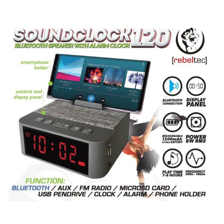 Głośnik przenośny Bluetooth SoundClock 120, srebrny, z funkcją radiobudzika