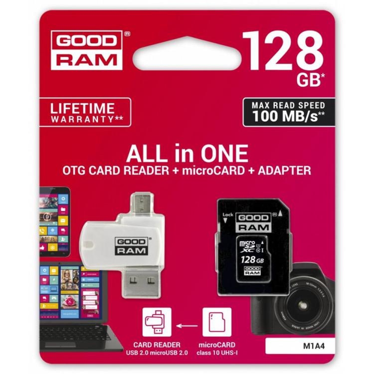 Karta microSDHC 128GB CL10 + adapter + czytnik