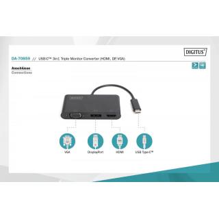 Adapter graficzny HDMI/DP/VGA 4K 60Hz UHD/ FHD na USB 3.1 Typ C, z audio, Czarny