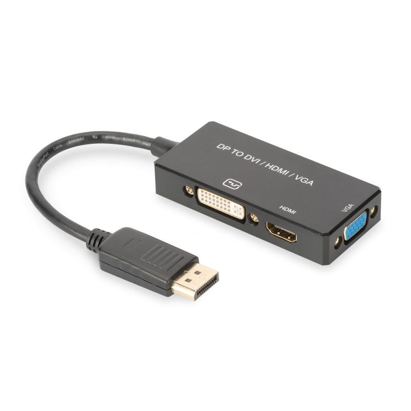 Kabel adapter DIGITUS 3w1 DisplayPort 4K 30Hz/1080p 60Hz DP / HDMI(UHD)+DVI-I+VGA (FHD) M/Ż 0,2m