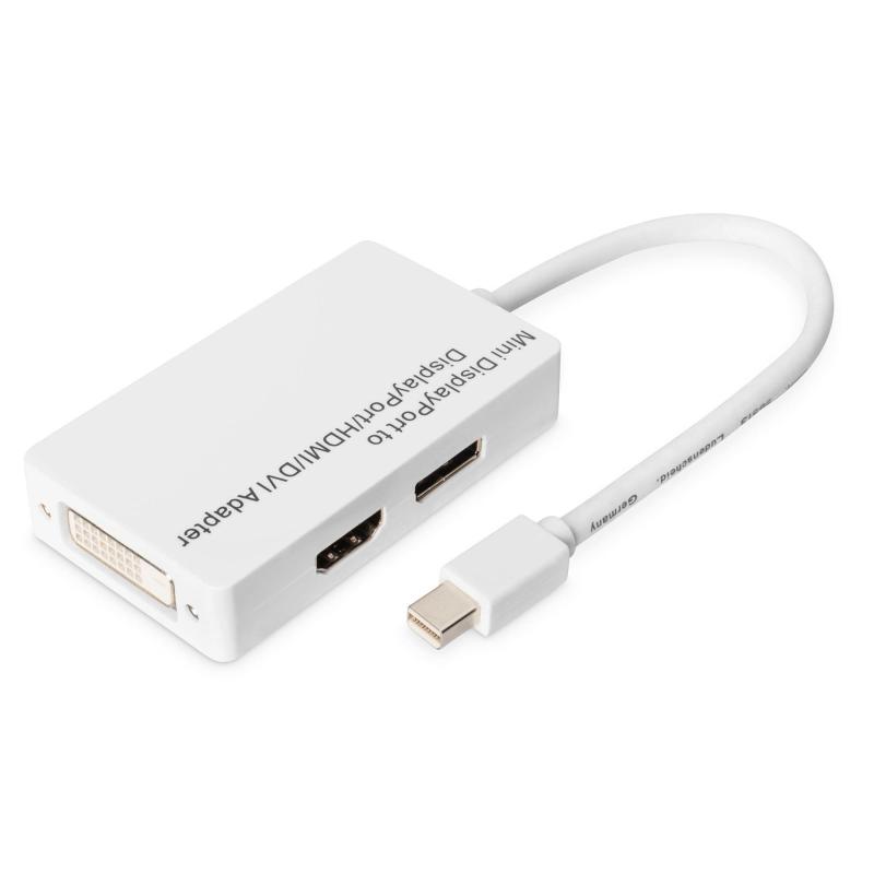 Kabel adapter DIGITUS 3w1 mini DisplayPort 1080p 60Hz FHD Typ miniDP/DP+HDMI+DVI-D M/Ż biały 0,15m