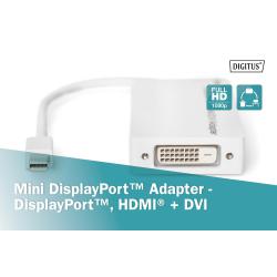 Kabel adapter DIGITUS 3w1 mini DisplayPort 1080p 60Hz FHD Typ miniDP/DP+HDMI+DVI-D M/Ż biały 0,15m