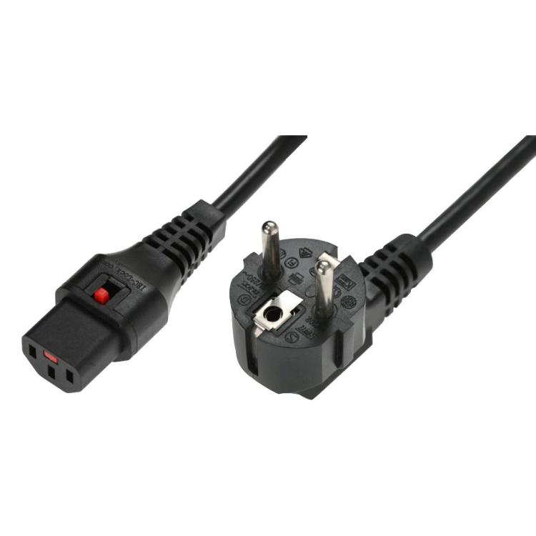 Kabel połączeniowy zasilający blokada IEC LOCK 3x1mm2 Schuko kątowy/C13 prosty M/Ż 1,5m Czarny