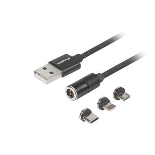 Kabel magnetyczny COMBO USB-A(M)- USB MICRO(M)+LIGHTNING(M)+USB-C(M) 2.0 1m czarny QC 3.0