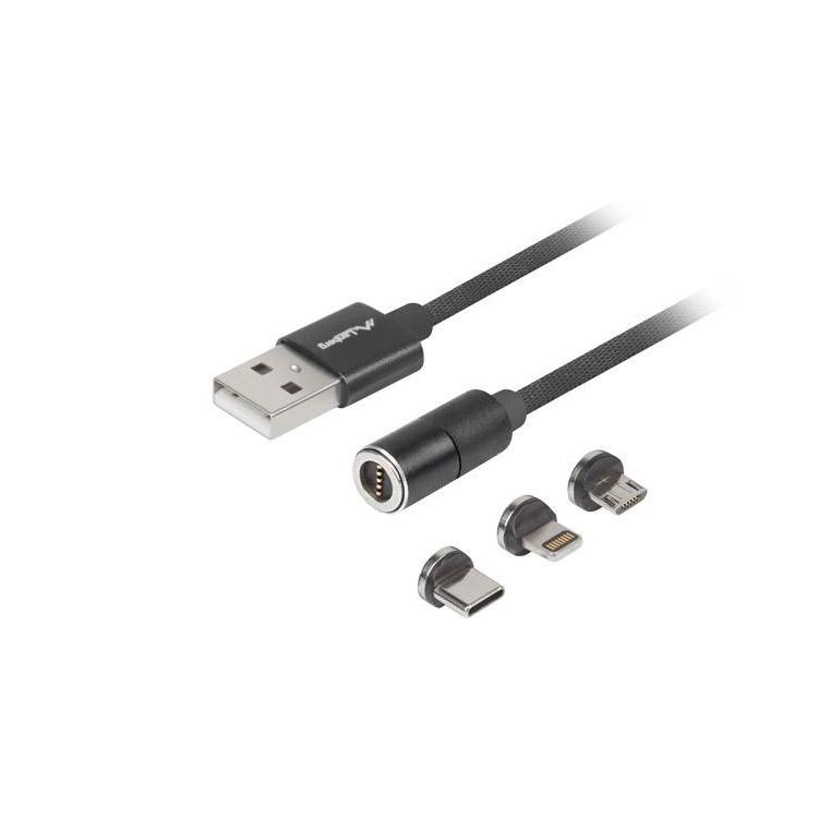 Kabel magnetyczny COMBO USB-A(M)- USB MICRO(M)+LIGHTNING(M)+USB-C(M) 2.0 1m czarny QC 3.0