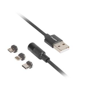 Kabel magnetyczny COMBO USB-A(M)- USB MICRO(M)+LIGHTNING(M)+USB-C(M) 2.0 1m czarny QC 3.0