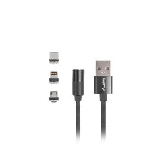 Kabel magnetyczny COMBO USB-A(M)- USB MICRO(M)+LIGHTNING(M)+USB-C(M) 2.0 1m czarny QC 3.0