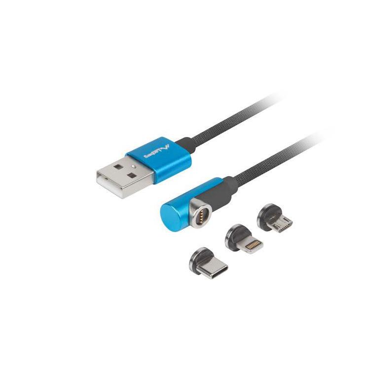 Kabel magnetyczny kątowy USB-A(M)- USB MICRO(M)+LIGHTNING(M)+USB-C(M) 2.0 1m czarno-niebieski QC 3.0