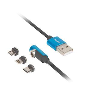 Kabel magnetyczny kątowy USB-A(M)- USB MICRO(M)+LIGHTNING(M)+USB-C(M) 2.0 1m czarno-niebieski QC 3.0