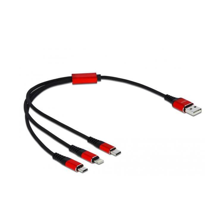 Kabel 3IN1 USB-A(M)- LIGHTNING(M)+MICRO-B(M)+USB-C(M) tylko ładowanie 0.3M czerwono/czarny