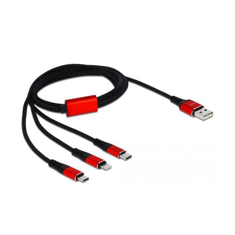 Kabel 3IN1 USB-A(M)- LIGHTNING(M)+MICRO-B(M)+USB-C(M) tylko ładowanie 1M czerwony/czarny