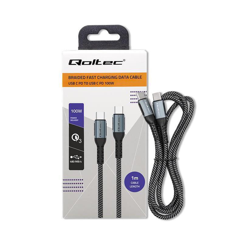 Kabel USB Qoltec 2.0 typ C | USB 2.0 typ C 100W| QC 3.0 | PD | 1m | Czarny