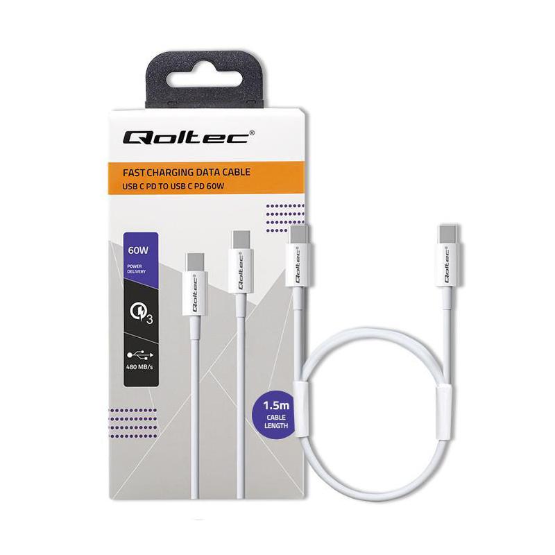 Kabel USB Qoltec 2.0 typ C | USB 2.0 typ C 60W | QC 3.0 | PD | 1.5m | Biały