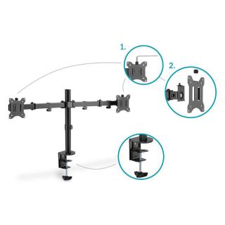 Uchwyt biurkowy podwójny z zaciskiem 2xLCD max. 32" max. Obciążenie 2x 8kg uchylno-obrotowy czarny