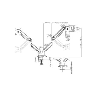 Ramię biurkowe podwójne z zaciskiem regulowane 2xLCD max. 32" max. 2x 9kg uchylno-obrotowe czarny