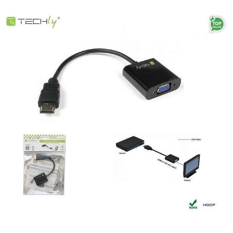 Adapter Techly HDMI-VGA2 HDMI męski na VGA żeński, czarny 0,1m IDATA