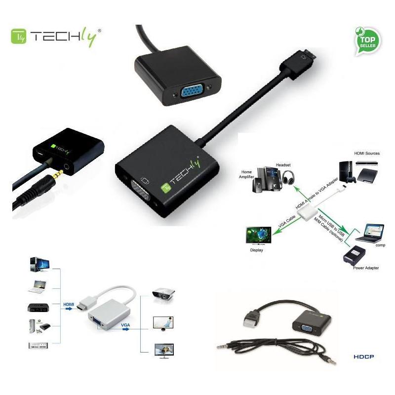 Adapter Techly HDMI-VGA2AU HDMI męski na VGA żeński, audio, micro USB, czarny 0,1m IDATA