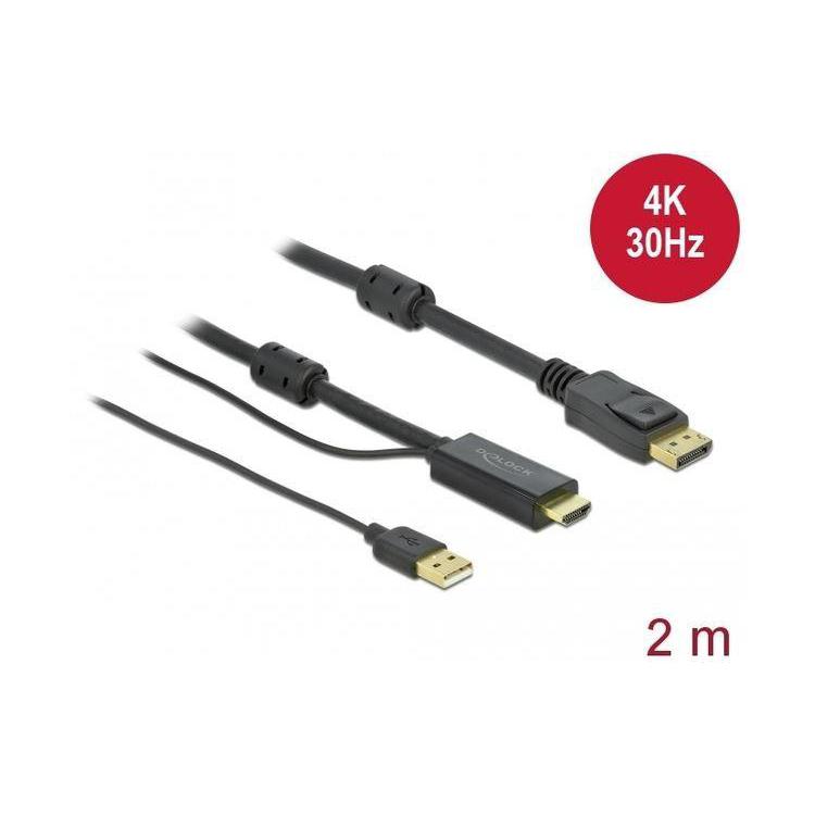 Kabel HDMI(M) - DISPLAYPORT(M) 4K 2M ZASILANY USB A(M) czarny