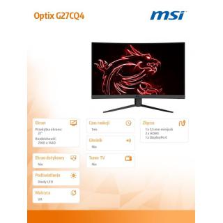 Monitor 27 cali Optix G27CQ4 Curved/LED/QHD/NonTouch/165Hz/czarny