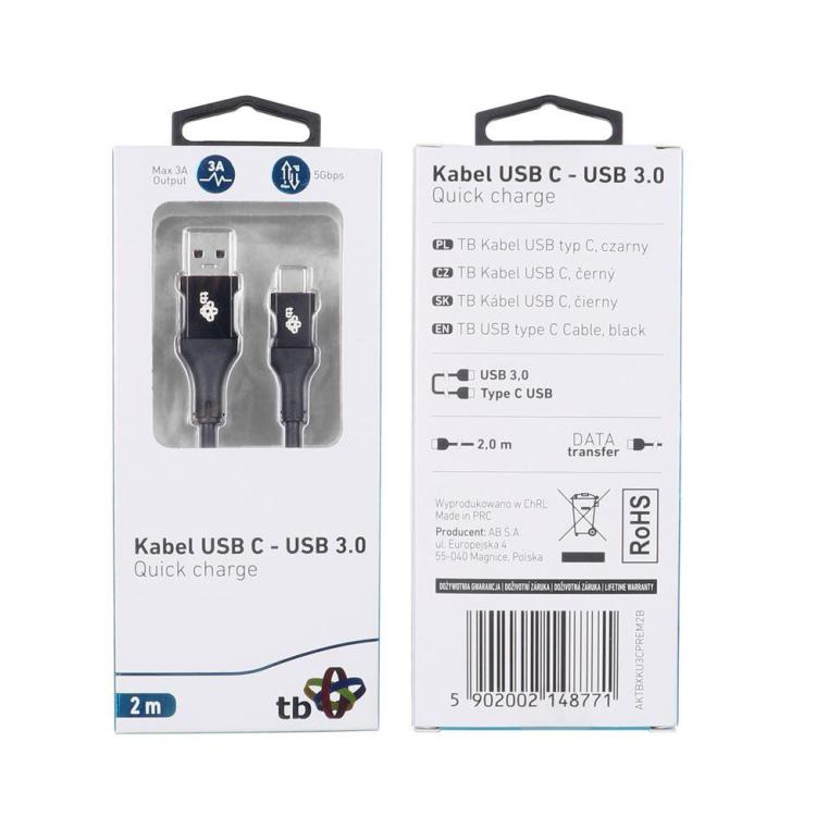 Kabel USB 3.0 - USB C 2m PREMIUM 3A czarny TPE