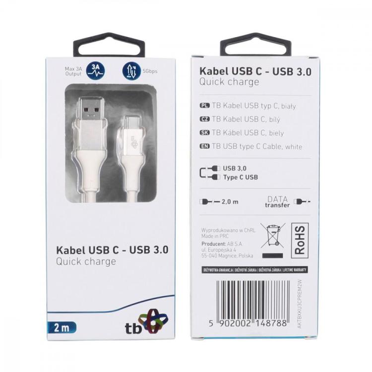 Kabel USB 3.0 - USB C 2m PREMIUM 3A biały TPE