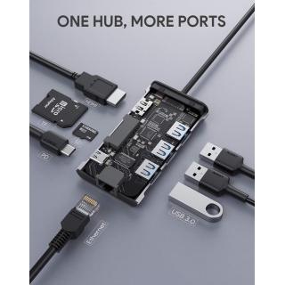 CB-C91 aluminiowy HUB USB-C | 8w1 | RJ45 Ethernet 10/100/1000Mbps | 3xUSB 3.1 | HDMI 4k@30Hz | SD i micro SD | USB-C Power