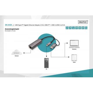 Karta sieciowa przewodowa USB 3.1 Typ C + USB A do 1x RJ45 2.5 Gigabit Ethernet 10/100/1000/2500Mbps