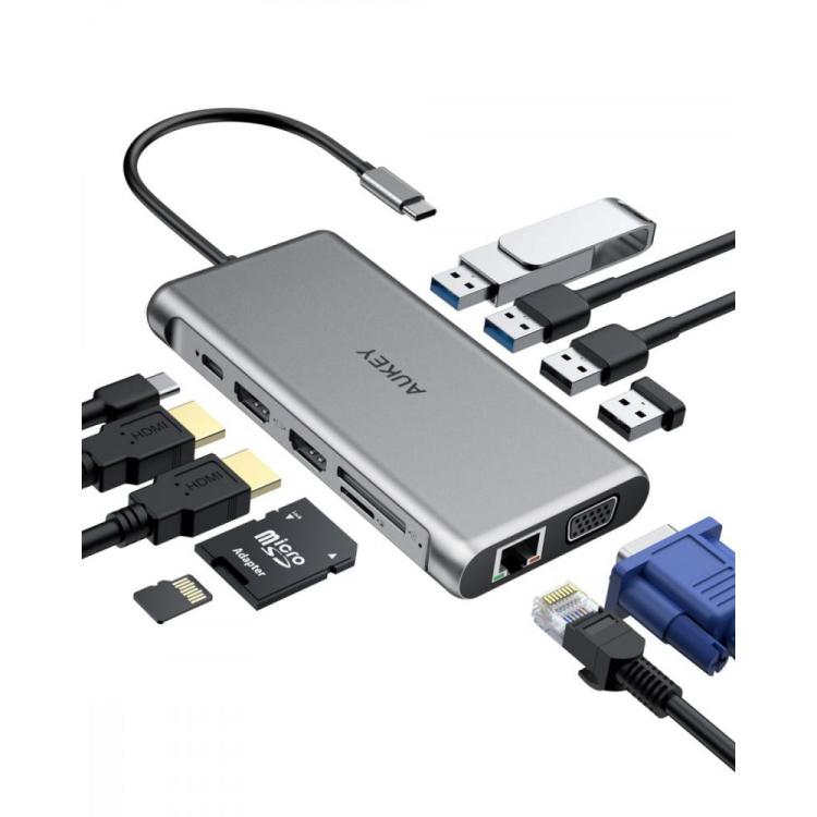 CB-C78 aluminiowy HUB USB-C | 12w1 | RJ45 Ethernet 10/100/1000Mbps | 2xUSB 3.1 | 2xUSB 2.0 | 2xHDMI 4k@30Hz | VGA | SD i microSD