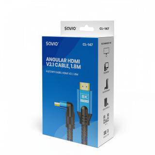 Kabel HDMI (M) v2.1, 1,8m, kątowy, 8K, miedź, niebiesko-czarny, złote końcówki, ethernet/3D, CL-147