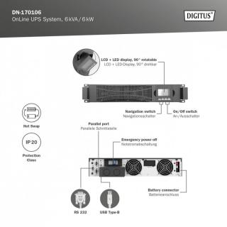 Zasilacz awaryjny UPS Online Rack 19"/Tower, 6kVA/6kW, 2U, bez baterii (moduł baterii DN-170108)