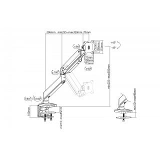 Ramię biurkowe podwójne z zaciskiem, 2xLCD, max. 35", max. obciążenie 2x15kg, ze sprężyną gazową