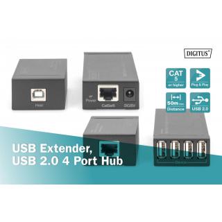 Przedłużacz/Extender HUB 4 porty USB 2.0 po skrętce kat. 5e/7, do 50m