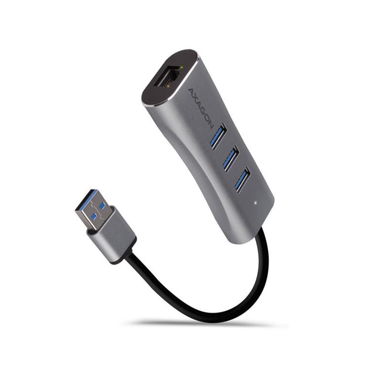 HMA-GL3AP Wieloportowy hub metalowy 3x USB-A + GLAN, USB 3.2 Gen 1, 20cm USB-A kabel, microUSB dodatkowe zasilanie