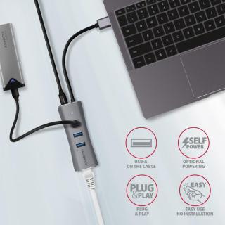 HMA-GL3AP Wieloportowy hub metalowy 3x USB-A + GLAN, USB 3.2 Gen 1, 20cm USB-A kabel, microUSB dodatkowe zasilanie