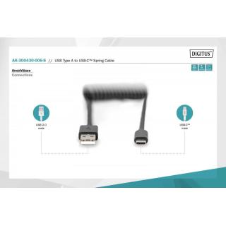 Kabel spiralny USB A/USB C, USB 2.0, PD 60W, max. 1m Czarny