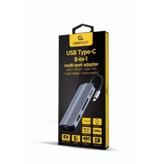 Adapter USB-C 8w1, HDMI, USB-C, PD, VGA, USB 3.1, 2.0, audio, czytnik kart